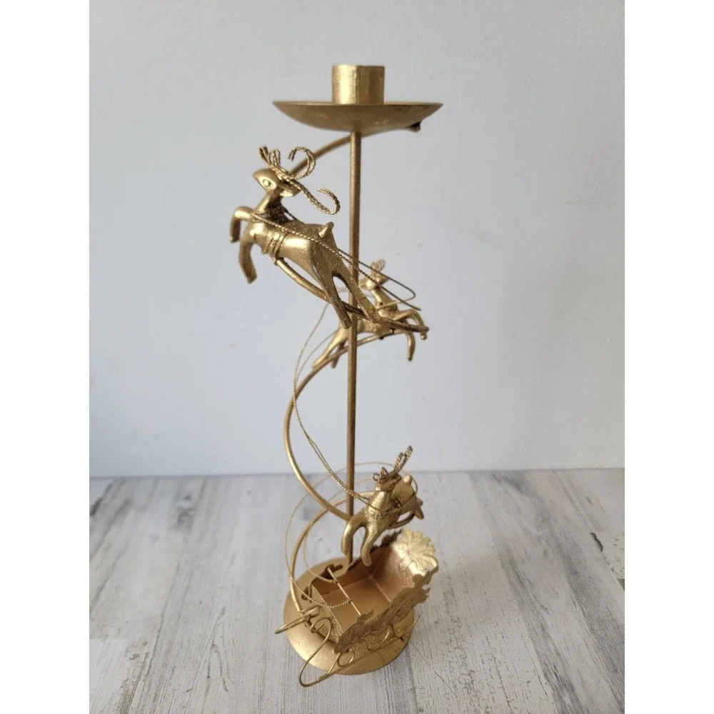 Dept 56 gold medal candlestick holder reindeer‎ Santa Claus Xmas home decor
